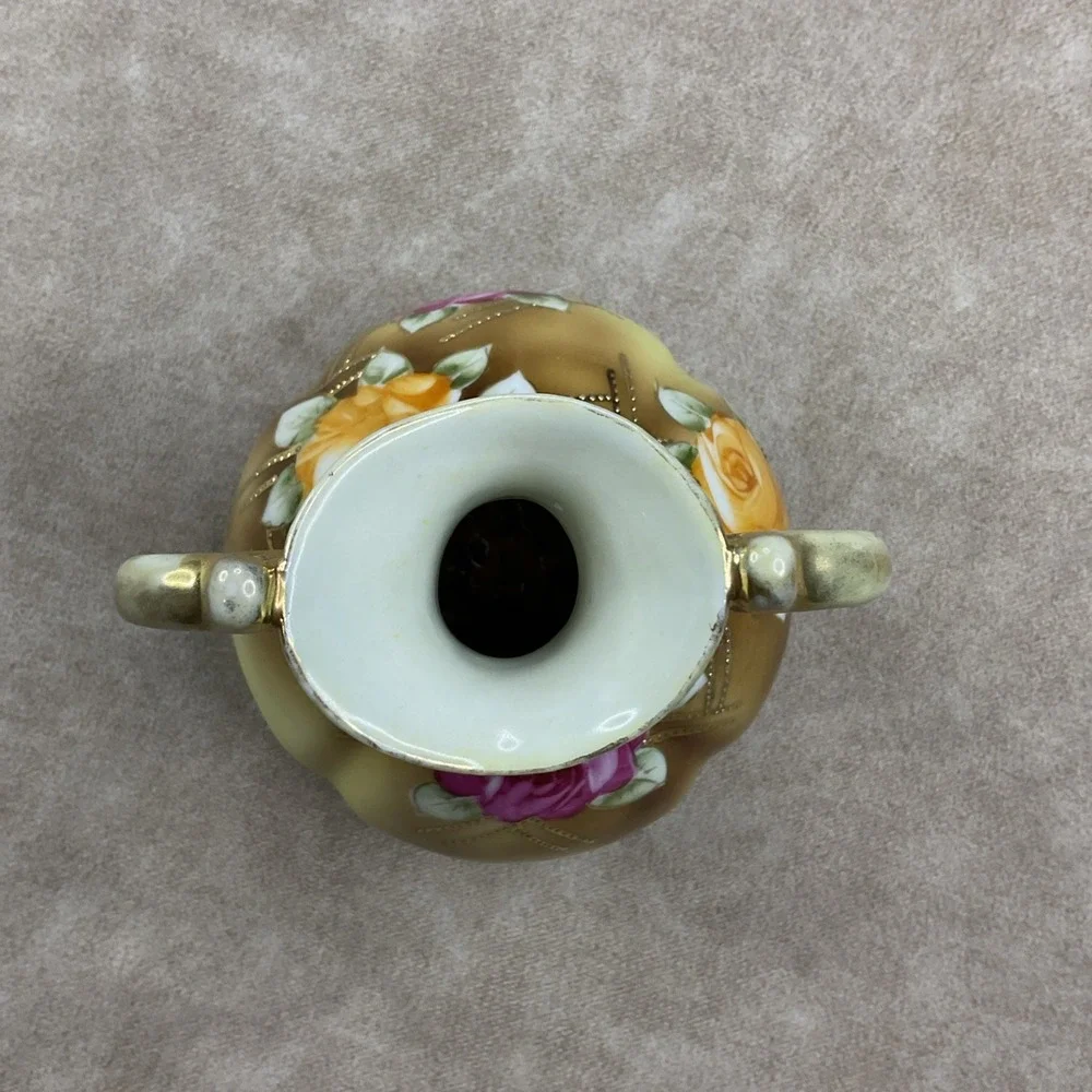 Antique Nippon Hand‎ Painted Bone China Beaded Gold Trim Two Handle Vase